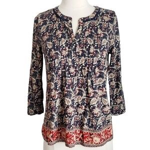 Lucky Brand Blue & Red Floral Leaf 3/4-Sleeve Knit Top- Small, S